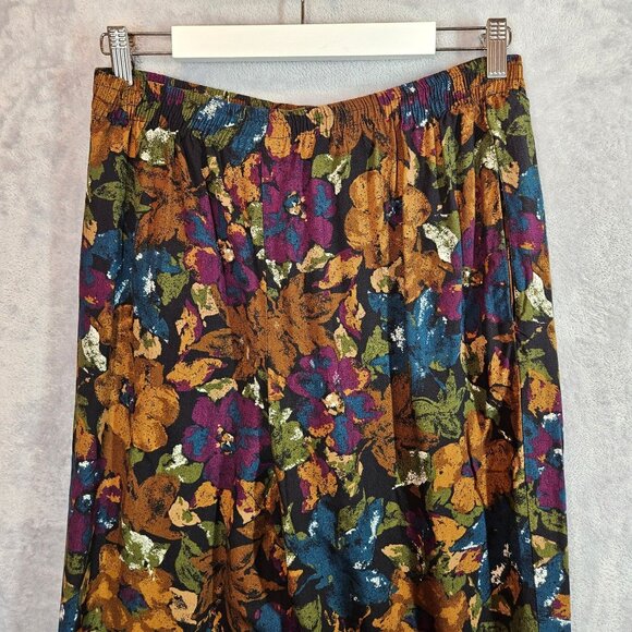 VTG Lerner Womens L Fall Floral Print Pants Rayon Multicolor Elastic Waist Flowy - Picture 11 of 13